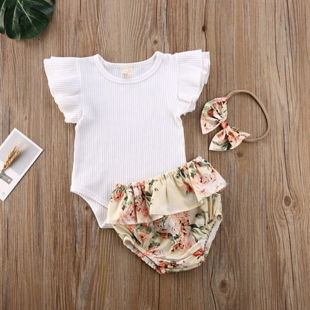 

Nokpsedcb 3Pcs Newborn Baby Girl Summer Shorts Outfit Sleeveless Bodysuit Romper+Ruffles Short Pants+Headband Clothes White 12-18 Months