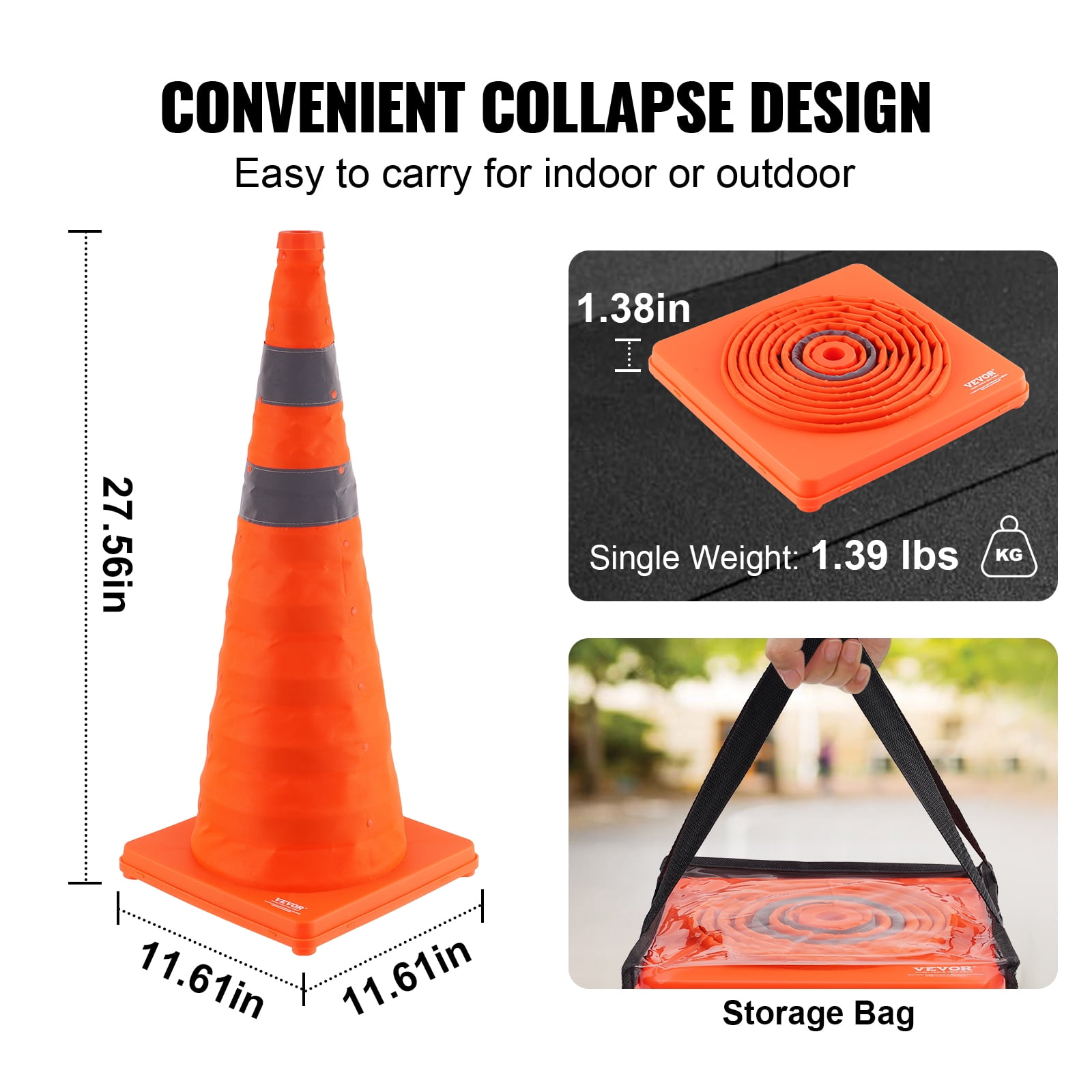 KFFKFF Safety Cones 4 pcs 28" Collapsible Traffic Cones with Reflective Collars for Parking Lot, Road Parking, Driving Practice, Roadside Emergency and Vehicle Safety, Orange, 4 Pack