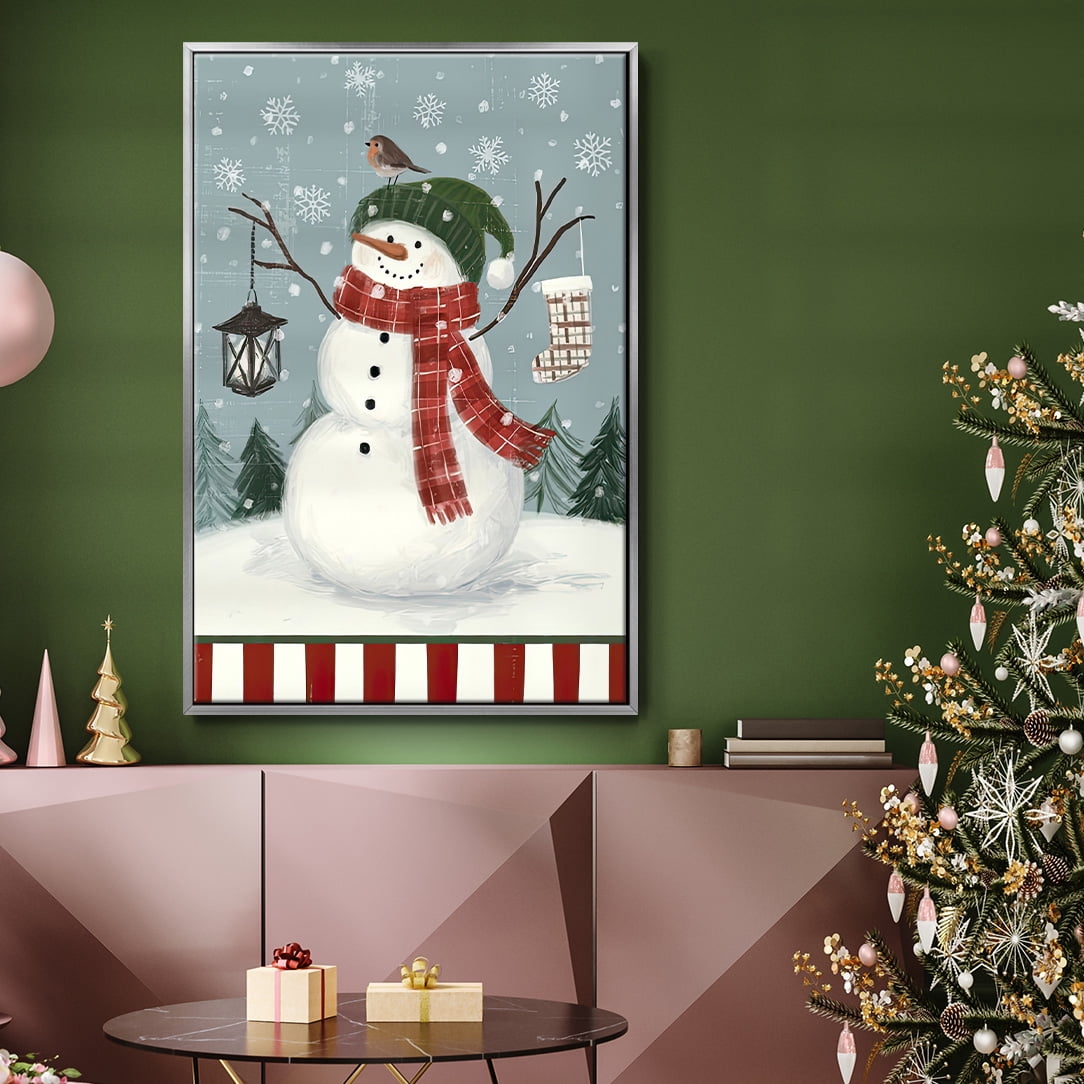 Jolly Snowman Collection B - Framed Gallery Wrapped Holiday Canvas - 27 x 41 - Silver Frame