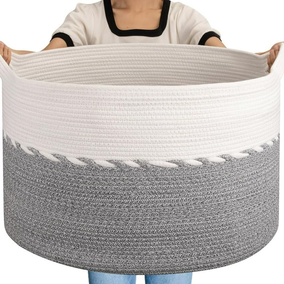 125L Extra Large Blanket Basket, 25" x 16", Jumbo Laundry Basket, Cotton Rope Basket with Handles, Baby Toy Basket for Storage,Grey