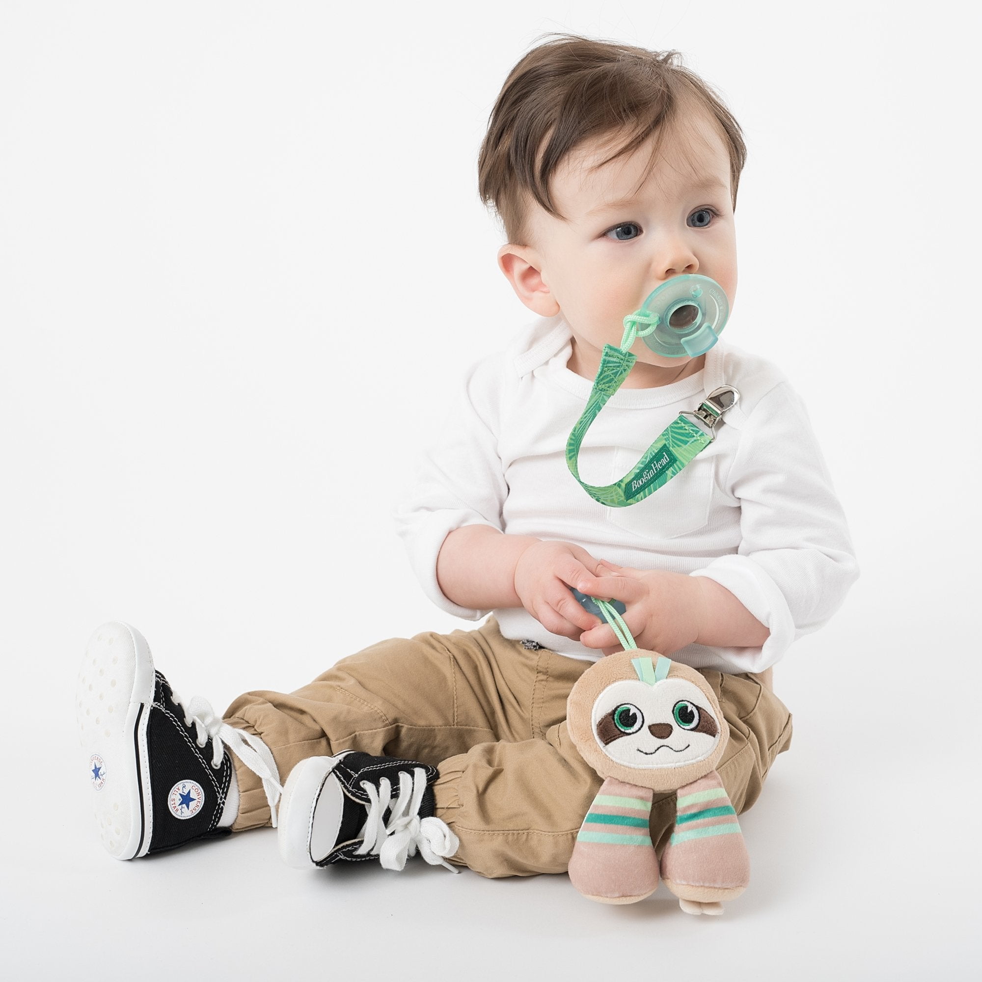 BooginHead Universal Pacifier Holder Stuffed Animal, Infant Toddler Boys and Girls, Sloth