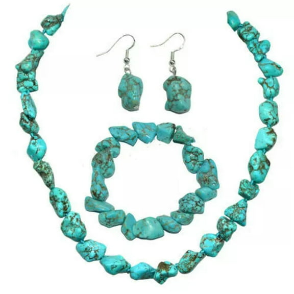 K-KED 10-15mm Natural Blue Turquoise Irregular Gem Beads Necklace Bracelet Earring Set