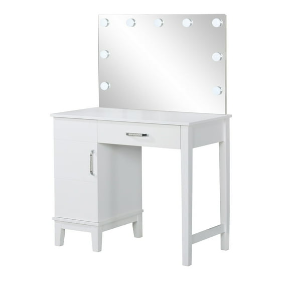 Vanity Set with 9 LED Bulbs and Tapered Block Legs, White- Saltoro Sherpi