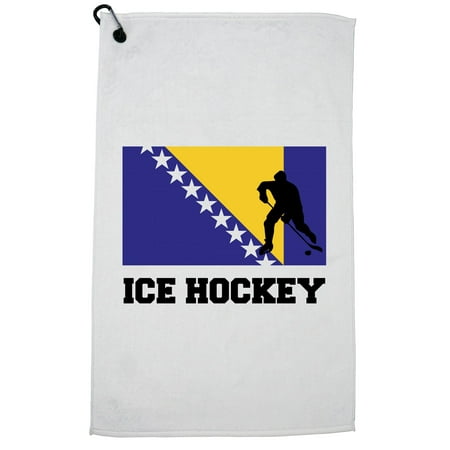 Hockey Silhouette - Bosnia and Herzegovina Olympic - Ice Hockey - Flag - Silhouette Golf Towel with Carabiner Clip