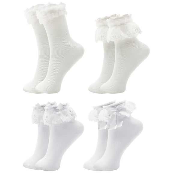 VEGCOO White Frilly Socks Women Girls Lace Socks with Bowties, White Ruffle Socks Beautiful Frilly Socks Cotton Socks Princess Style Dress Socks for Ladies Girls, Sports and Leisure