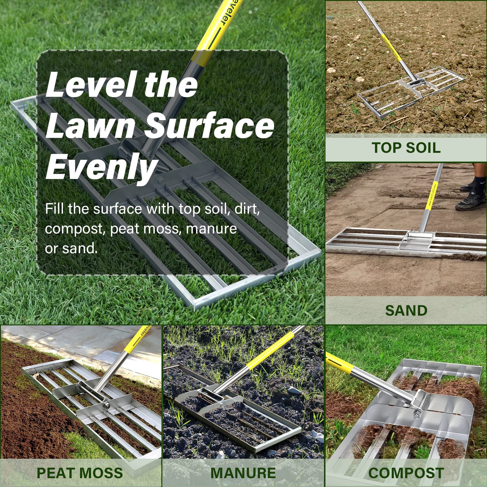 Lawn Leveling Rake, 30 x 10 inch Lawn Leveler Rake with Adjustable Stainless Steel Handle, Lawn Level Tool for Soil with Handle for Yard, Garden, Golf Leveling, 6.5FT