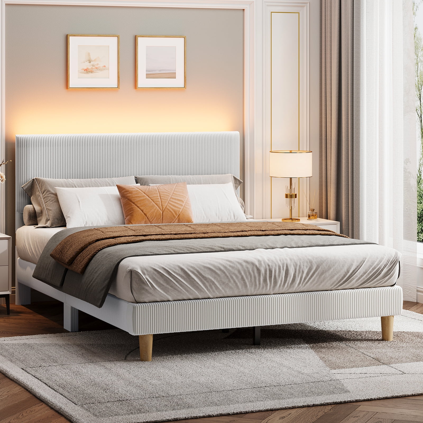 Bestier Corduroy Upholstered Queen Bed Frame with Adjustable Headboard, Platform Bed Frame with LED Light, Solid Wood Slats, No Box Spring Needed, Gray