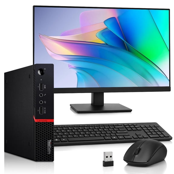Restored Lenovo ThinkCentre M715 Tiny Desktop — AMD Ryzen 5 PRO 2400GE — 24" Monitor — 8GB DDR4 RAM — 128GB SSD — Wi-Fi — Wireless Keyboard & Mouse — PC Bundle — Windows 11 Pro
