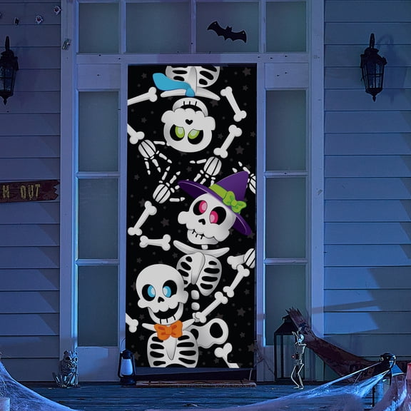Joyfy Halloween Decorations Cute Skeleton Door Cover,Indoor Halloween Door Banner Front Door Cover for Halloween Party Haunted House Photo Props Supplies