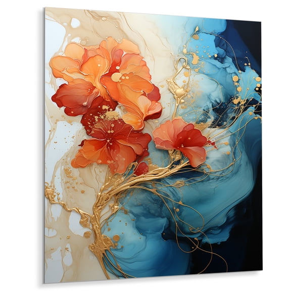 Designart "Orange Blue Abstract Fractal" Fractals Metal Wall Art Prints