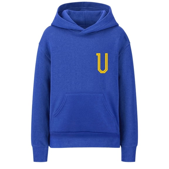 Daxton Youth Unisex Pullover Royal Hoodie Mid-Weight Fleece Sweater Custom Gold Numbers and Letters, U, M