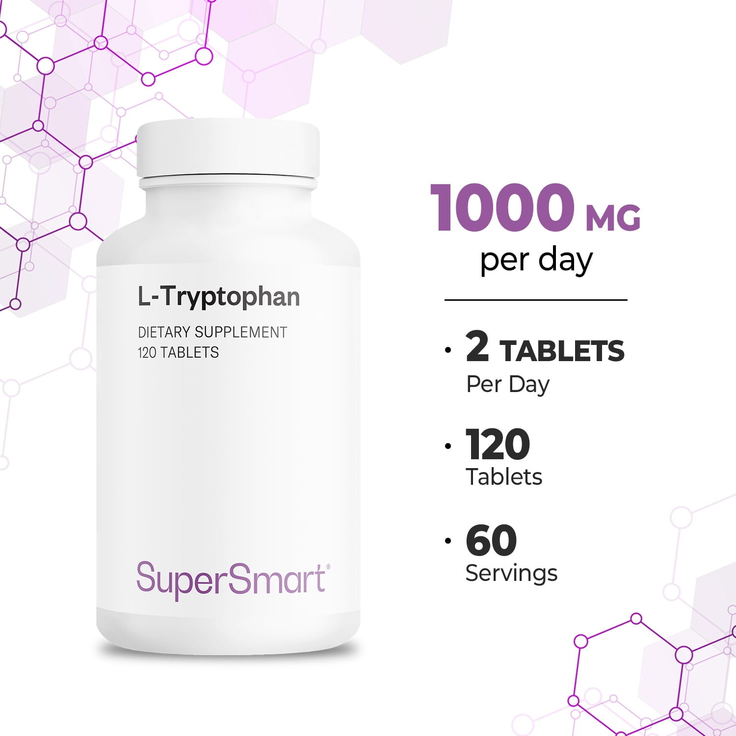 SuperSmart - L-Tryptophan Supplement 1000 mg per Day - Mood Support - Serotonin & Melatonin Precursor | Non-GMO & Gluten Free - 120 Tablets