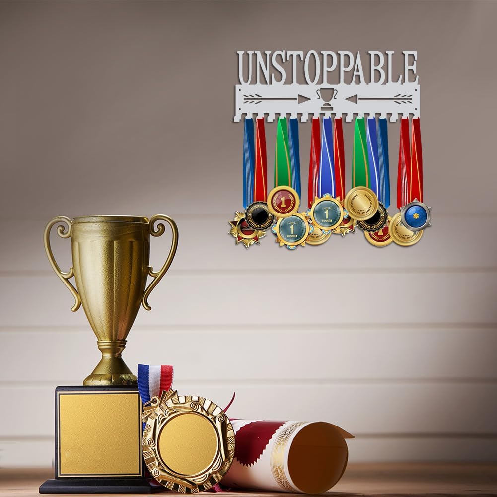 Unstoppable Medal Holder Silver Medals Display Frame 17 Hooks Medals Display Metal Medal Rack Holder Sport Awards Ribbon Holder Wall Mount Award Rack DIY