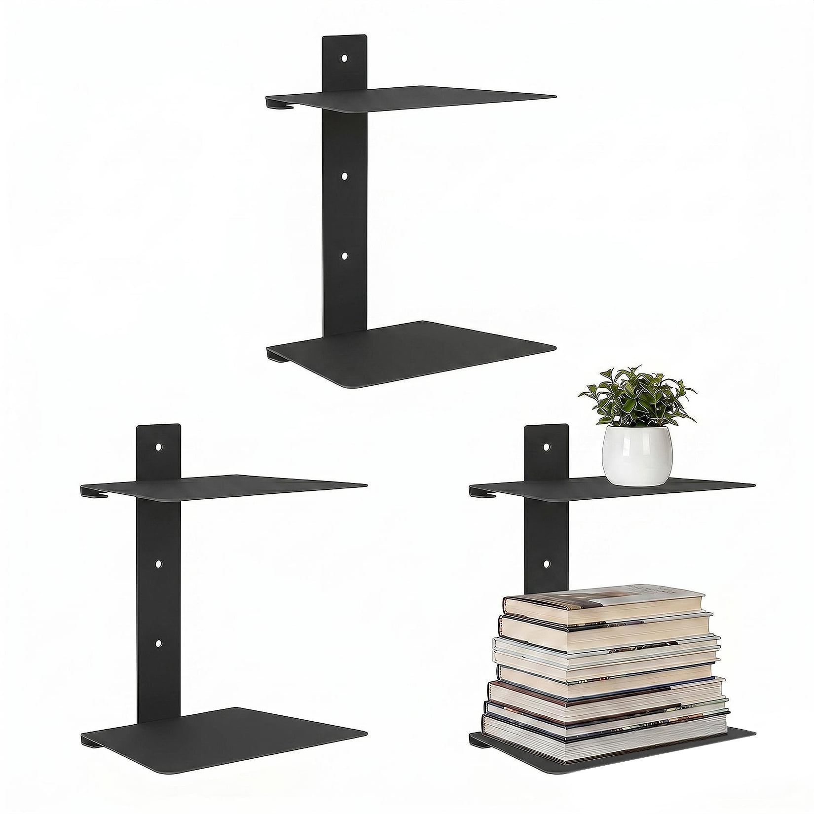 Invisible Metal Wall Bookshelf with Double Layer Floating Shelves for Book Storage Wall Mounted Organizer for Living Room and Bedroom