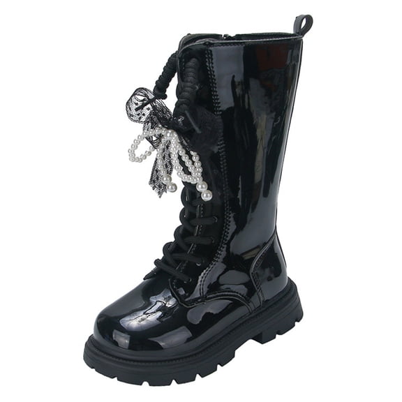 Girls Patent Leather Knee High Boots Fleece Lined Long Combat Boots Toddler Kids Non Slip Platform Warm Winter BootsBlack Size 11 Little Child