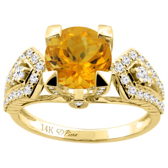 14K Yellow Gold Natural Citrine Ring Round 7 mm Diamond Accents, size 5