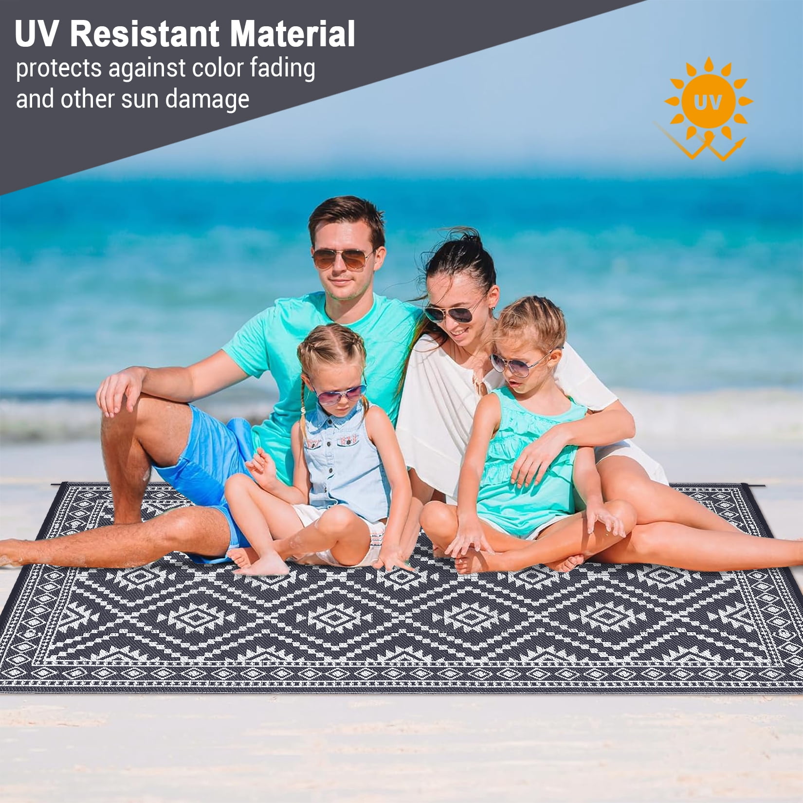 GlowSol 8x10 Outdoor Rug for Picnic Beach Deck-Outdoor Waterproof Patio Rug Indoor Outdoor Boho Geometric Area Rug Reversible Rug, Gray/White