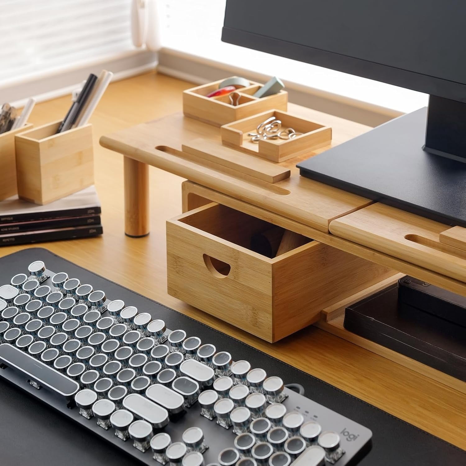 Dual Monitor Stand Riser with Drawer for Desk Laptop Shelf Adjustable Length Angle  Computer Stand for 2 or 3 Monitors Screen PC TV Natural