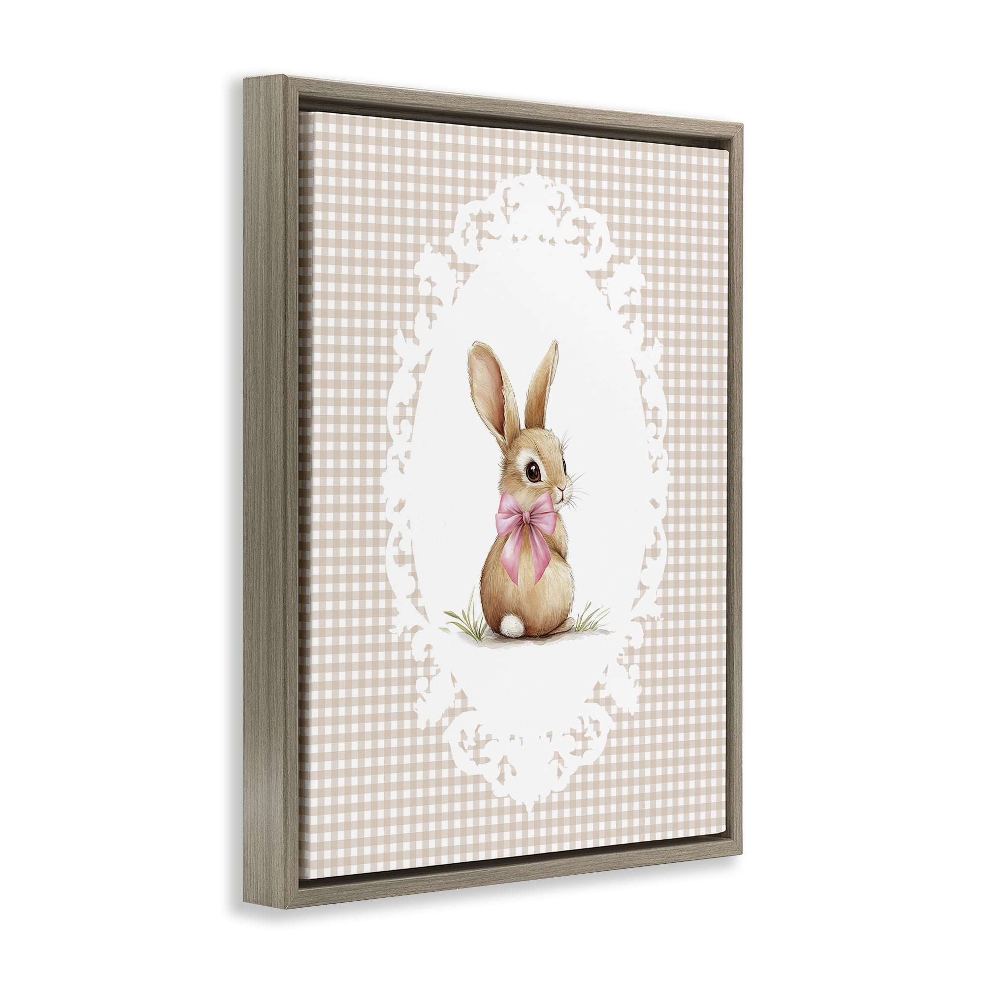 Stupell Industries Vintage Bow & Gingham Bunny Brown Framed Floater Canvas Wall Art, design by Christine Simpson Art