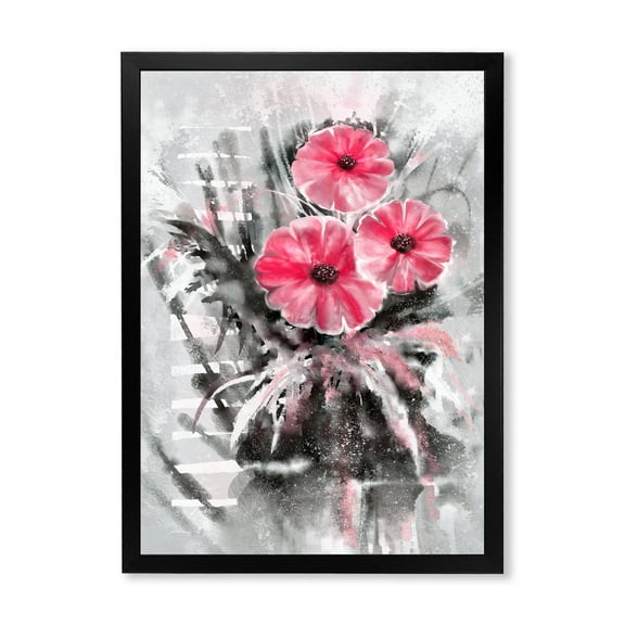 Designart 'Abstract Red Flowers On Gray Background' Traditional Framed Art Print
