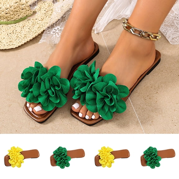 YHAJDS Women's Flat Sandals Open Toe Floral Embellishment Square Toe Half Slip Casual Summer Vacation Shoes