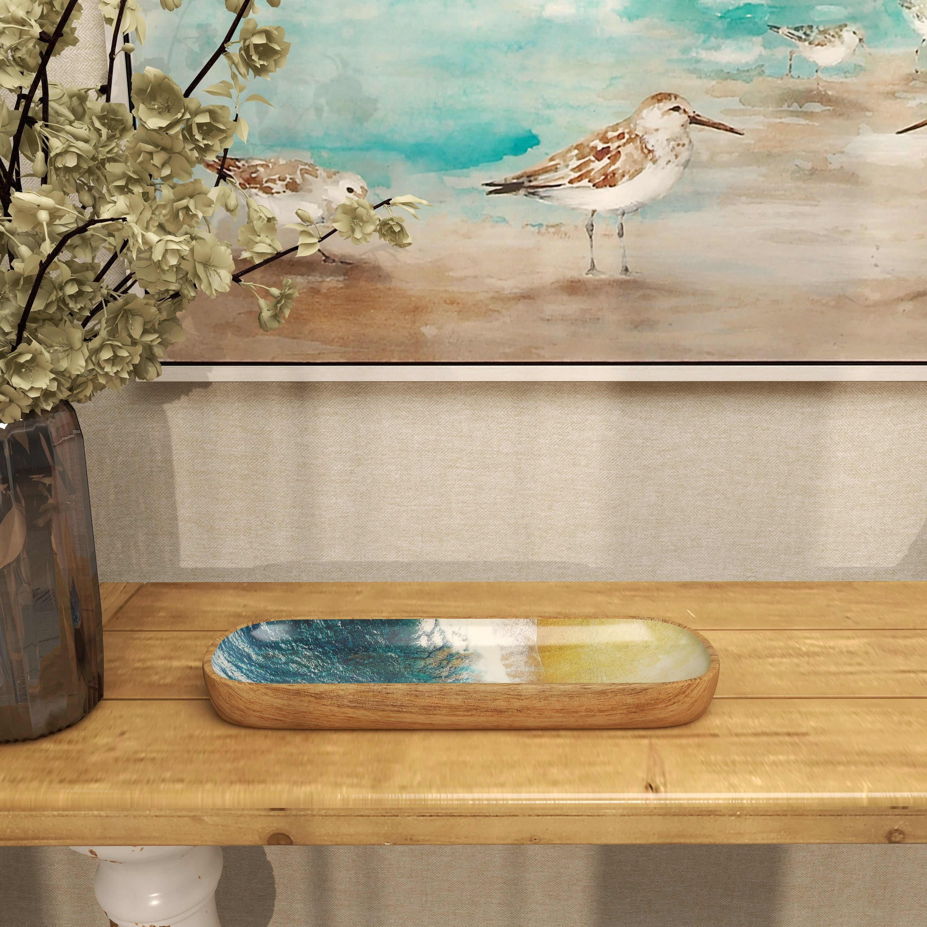 DecMode 16" x 6" Brown Mango Wood Handmade Ocean Inspired Tray with Colorful Enameled Interior, 1-Piece