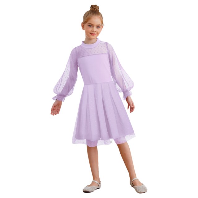 inlzdz Robe en Maille Contrastée à Pois à Manches Longues Bouffantes pour Filles, Décontractée, Ligne A Évasée, Patineuse, Robe de Fête Lavande 160