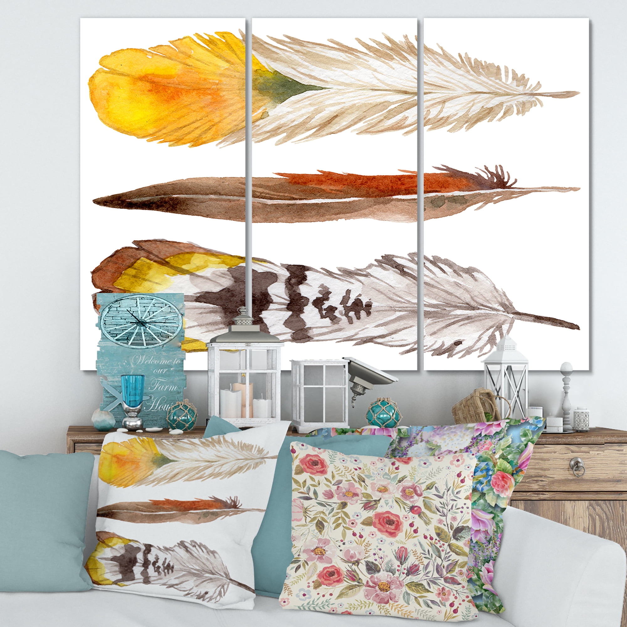 Designart ' Ethnic Yellow Feather From Wing On White ' Bohemian & Eclectic Canvas Wall Art Print