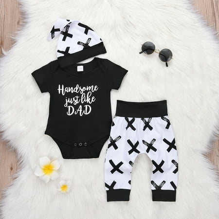 

3Pcs Baby Boy Clothes Newborn Infant Bodysuit Summer Short Sleeve Romper +Pants+Beanie Hat Set