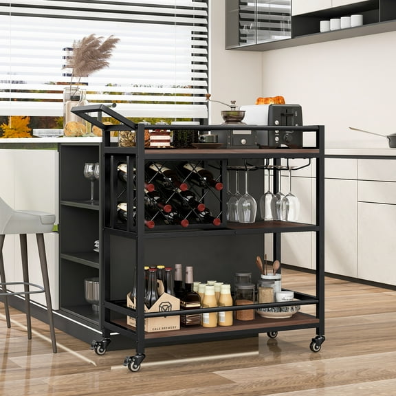 Giantex 3-Tier Bar Cart, Industrial Serving Cart w/Wine Racks & Glass Holders, Kitchen Rolling Cart, Brown