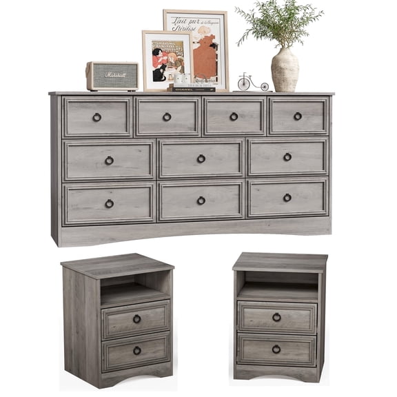LGHM 3 Piece Bedroom Dresser Set, 10 Drawer Dresser and 2 Drawers Nightstand set of 2, Gray Wash