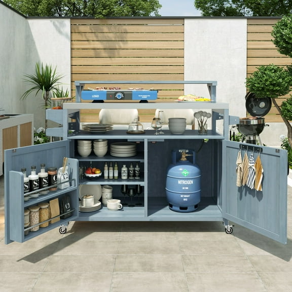 53.3" Outdoor Kitchen Island with Raised Shelf, Solid Wood Storage BarCart with Stainless Steel Top, Outdoor Rolling Grill Cart with Spice Rack, Grey Blue