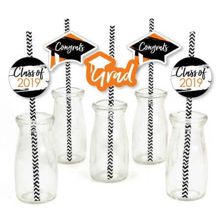 Orange Grad - Best is Yet to Come - Paper Straw Decor - Orange 2019 Graduation Striped Decorative Straws -Set of