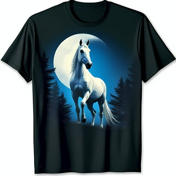 Black T-Shirt with White Horse Running Under in Dark Forest