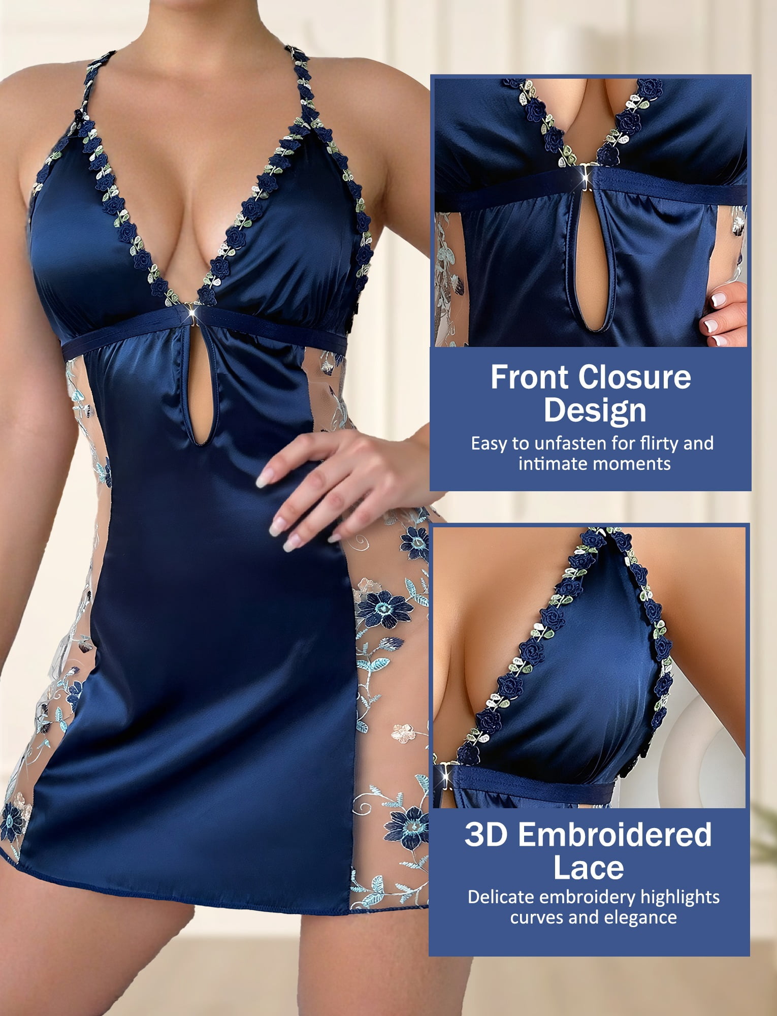 Ausing Women's Lace V-Neck Nightgown Satin Babydoll Sleepwear Floral Embroidery Cutout Night Dress Mesh Sheer Closure Front Lingerie Dress L Blue