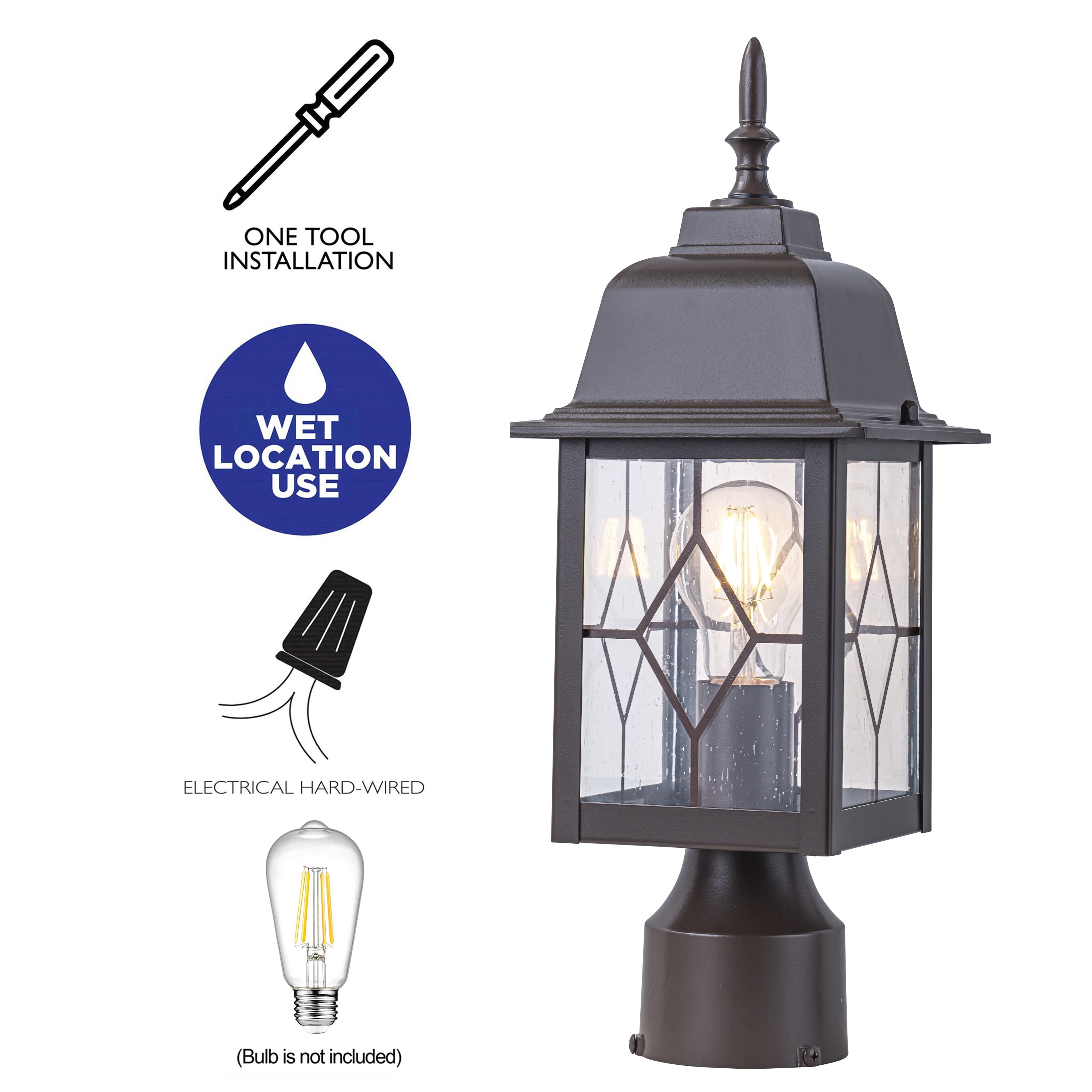 C Cattleya 16in Oil-Rubbed Bronze Outdoor Post Light with Seeded Glass for Walkway, Backyard or Garden