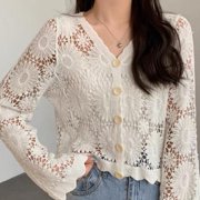 Women Flare Long Sleeve Crochet Cardigan Open Front Hollow Floral Sweater Coat