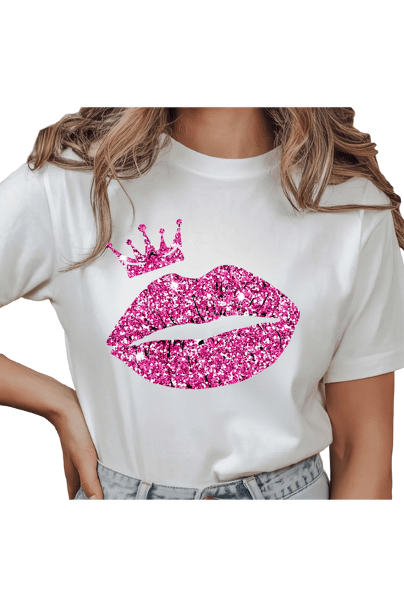 Women's Pink Glitter Lips and Crown Queen Graphic Short Sleeve T-Shirt Casual Breathable Crewneck Top