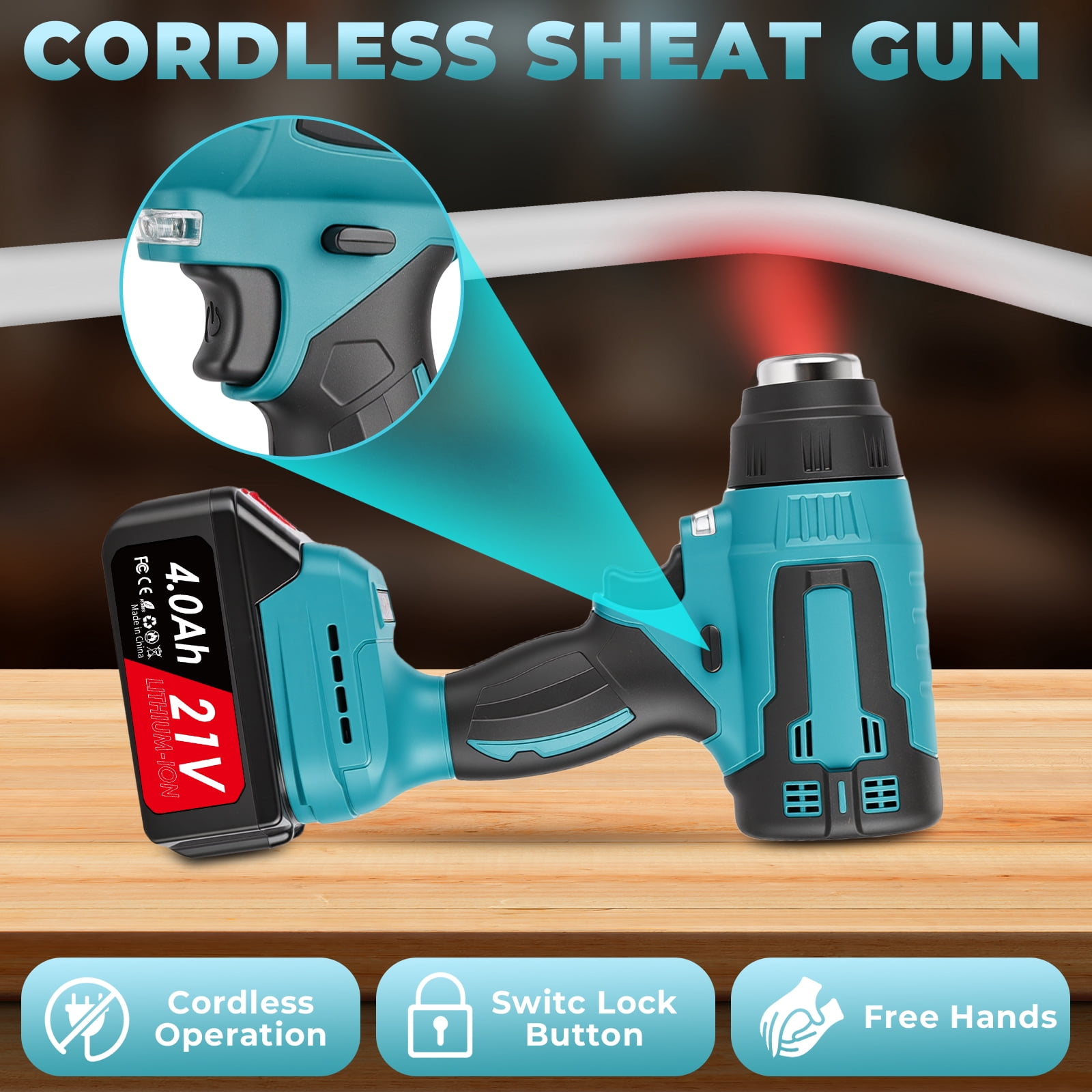 Heat Gun, Portable Handheld Cordless Electric Heat Gun with 3000mAh Battery, Hot Air Gun Kit with 4 Nozzles for Crafts, Shrink Wrapping/Tubing, Paint Removing, Soldering