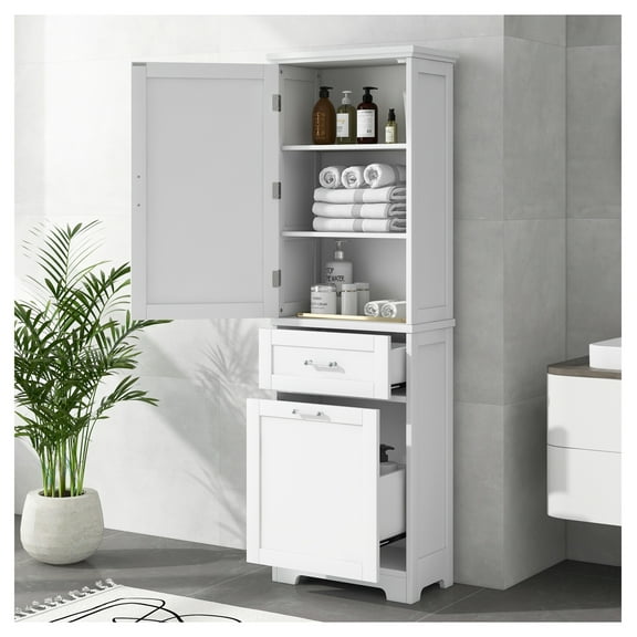 Bathroom Storage Cabinet, Tall Freestanding Cabinet with Drawers & Adjustable Shelf - White MDF