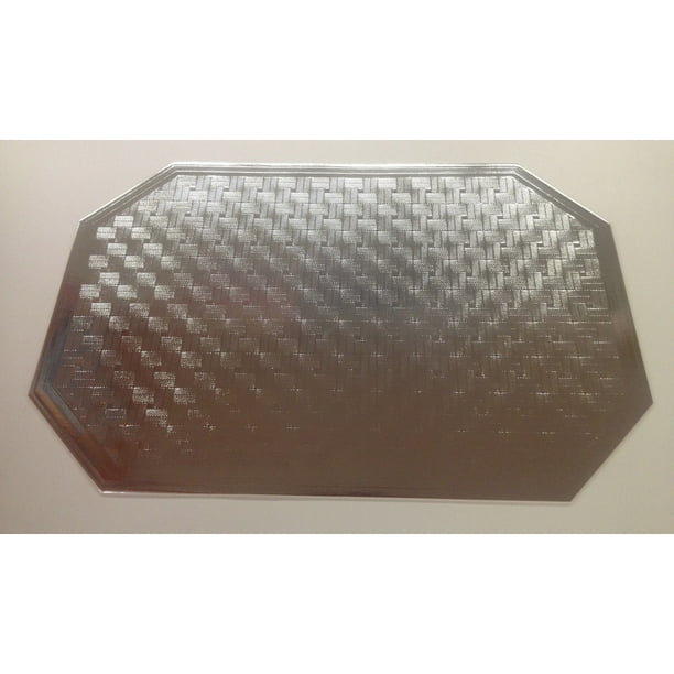 SET OF 6 MYLAR SILVER PLACEMATS, METALLIC LOOK, OCTAGONAL SHAPE