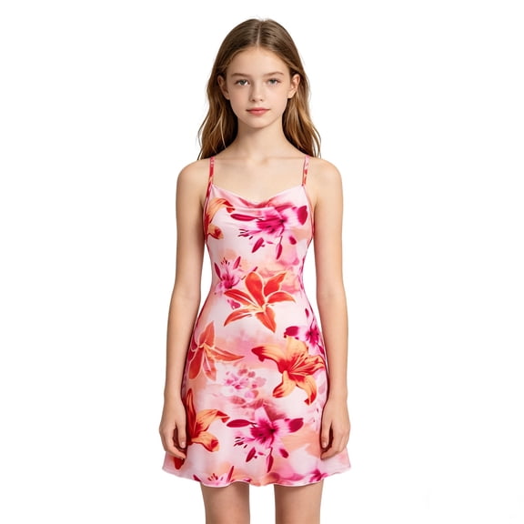 Gunia Teen Girl Dresses Sleeveless Hawaiian Floral Print Strappy Slim Fit Short Dress With Flowy Design Sundress Pink Dress For Girls 12-16 Years