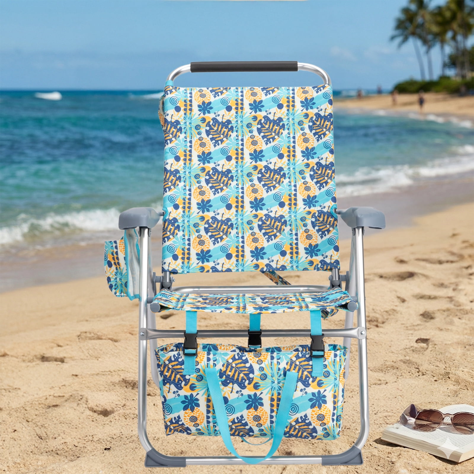 17" High Seat Folding Beach Chair, 7 Position Adjustable Recline Lounge Chair with Padded Headrest, Aluminum Frame Supports 265lbs with Cup Holder Side Pocket & Detachable Storage Tote