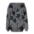 thumbnail image 4 of Women's Fashionable Casual Zippered Hooded Floral Printed Drawstring Furry Sweatshirt Jacket, Botanical Print Style,Navy,M, 4 of 5