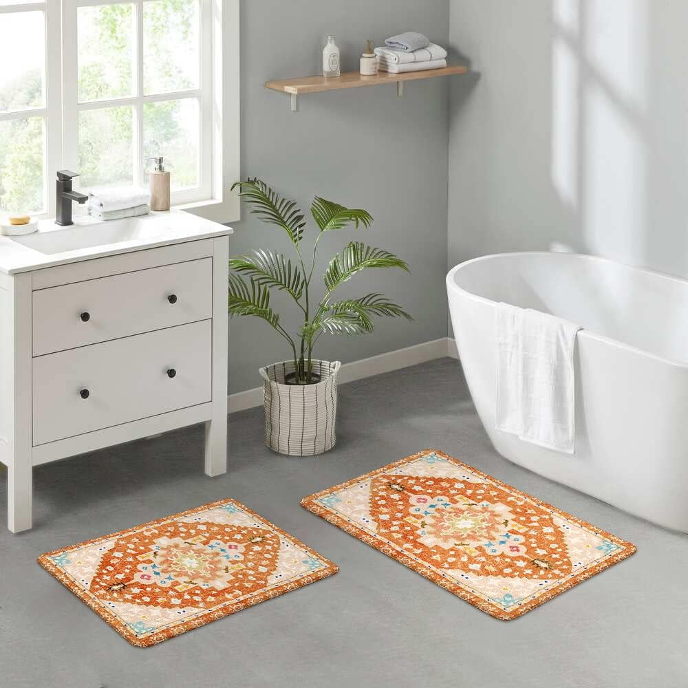 Boho Tribal Bathroom Runner Rug Orange Cute Floral Bath Mat Non-Slip Machine Washable Long Bathroom Rugs Soft Velvet Oriental Persian Farmhouse Bath Rug for Sink Shower Doormat Tub, 18x47 inch