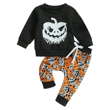 

Wallarenear Baby Boy Girl Halloween Pumpkin Print Sweatshirt Tops Drawstring Jogger Pants