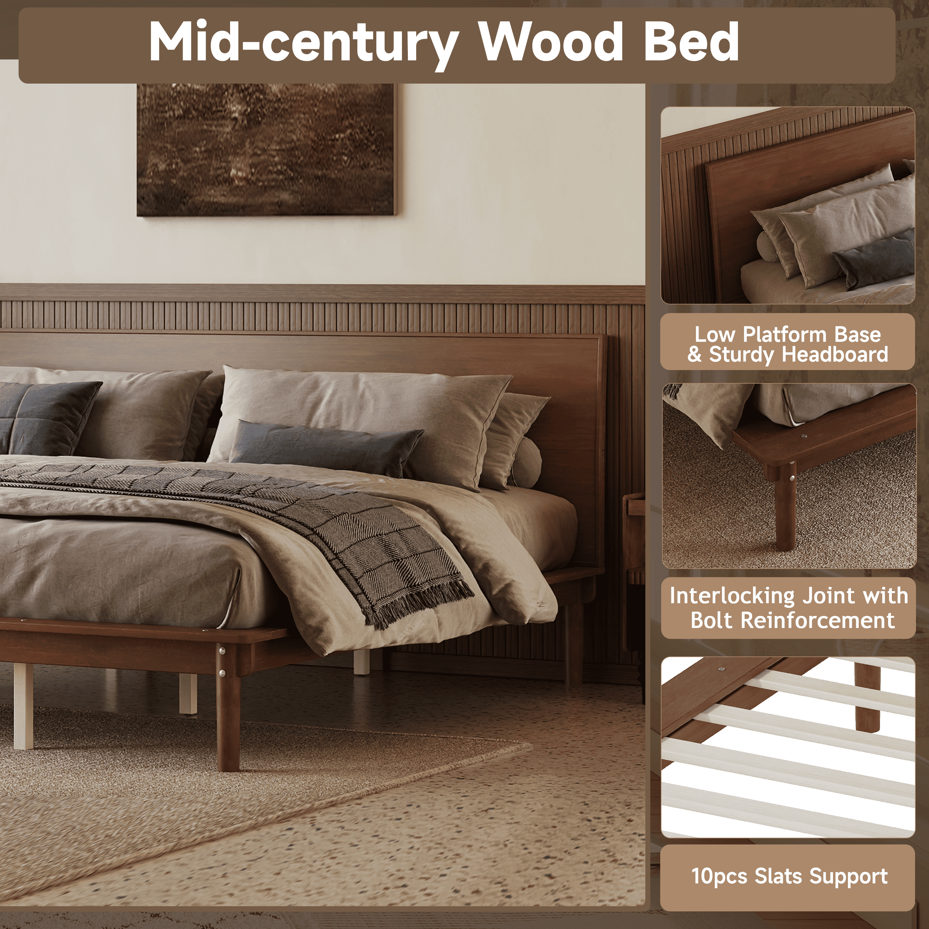 Euroco Wood Mid-Century King Bed, Low Profile Platform Bed Frame with Subtly Angled Headboard, Widened Side Rails, No Box Spring Needed, Natural