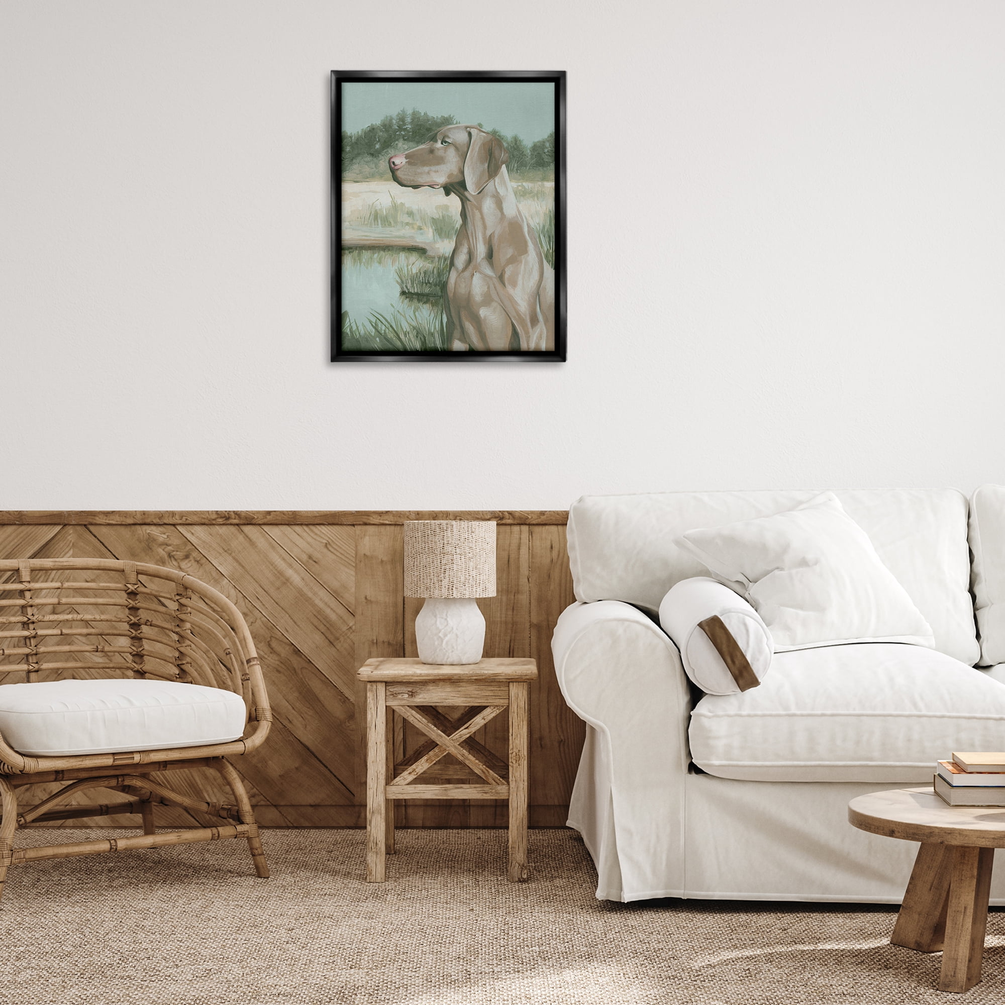 Stupell Industries Stoic Labrador Landscape Animals & Insects Painting Black Floater Framed Canvas Art Print Wall Art, 25 x 31