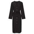 thumbnail image 4 of XUELUO Summer Dresses For Women 2025 Solid Color Lapel V Neck Button Long Sleeve Slim Bodycon Shirt Dress With Belt Holiday Wear,Black,S, 4 of 5