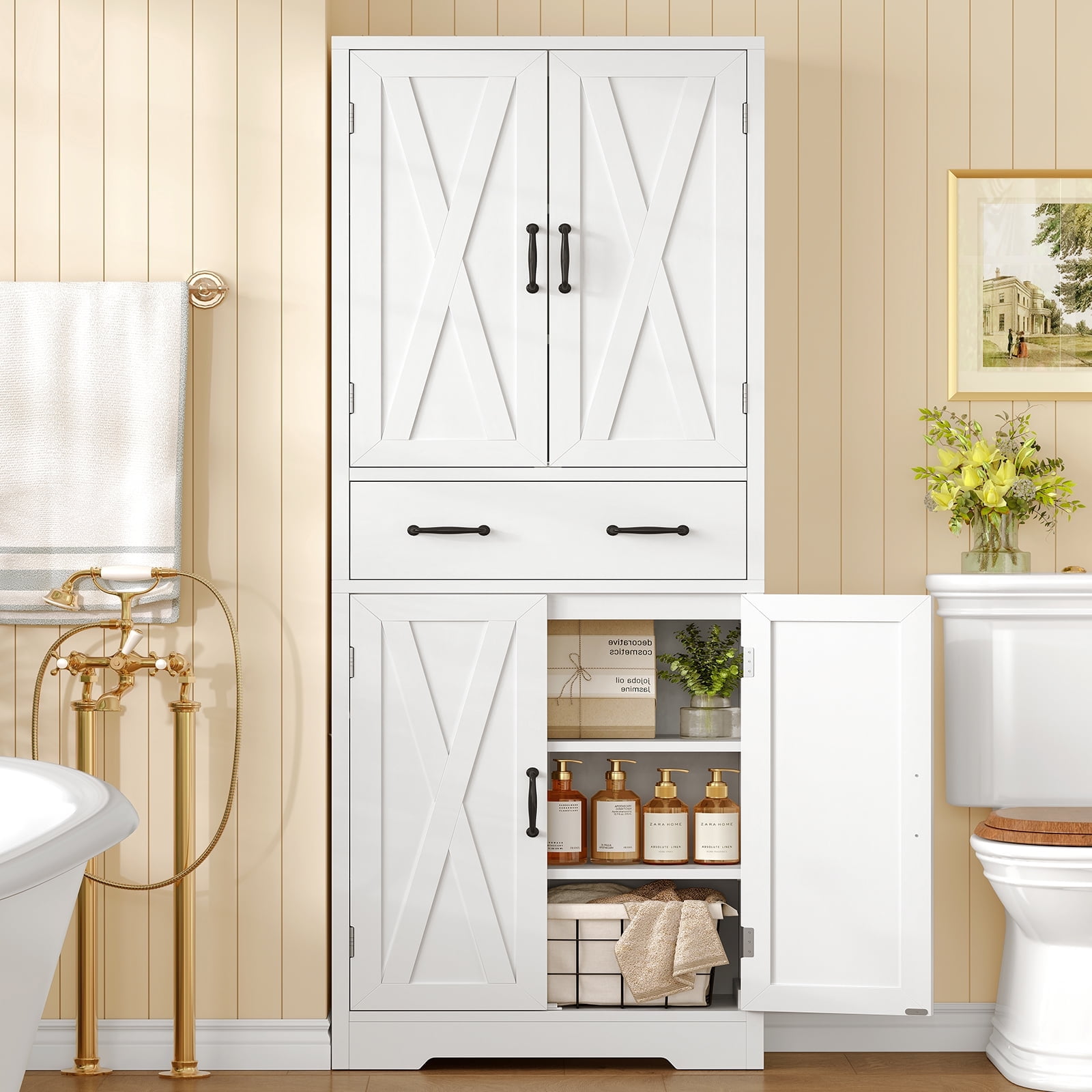 Tall Storage Cabinets with 2 Adjustable Shelves & 2 Drawers, Kitchen Pantry Cabinets, Bathroom Cabinets with 4 Doors, for Living Room, Kitchen, Bathroom, White